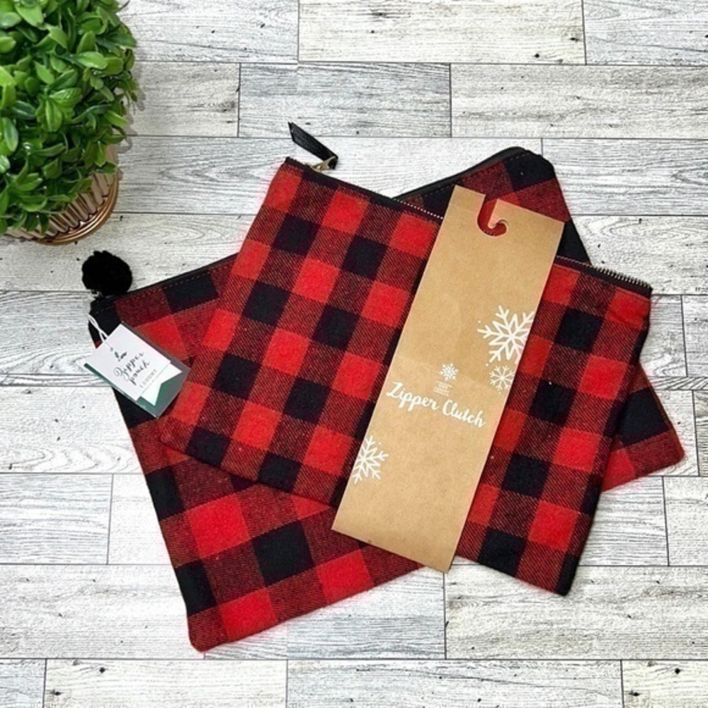 Buffalo Plaid Zipper Pouch Set (2) Red/Black NWT